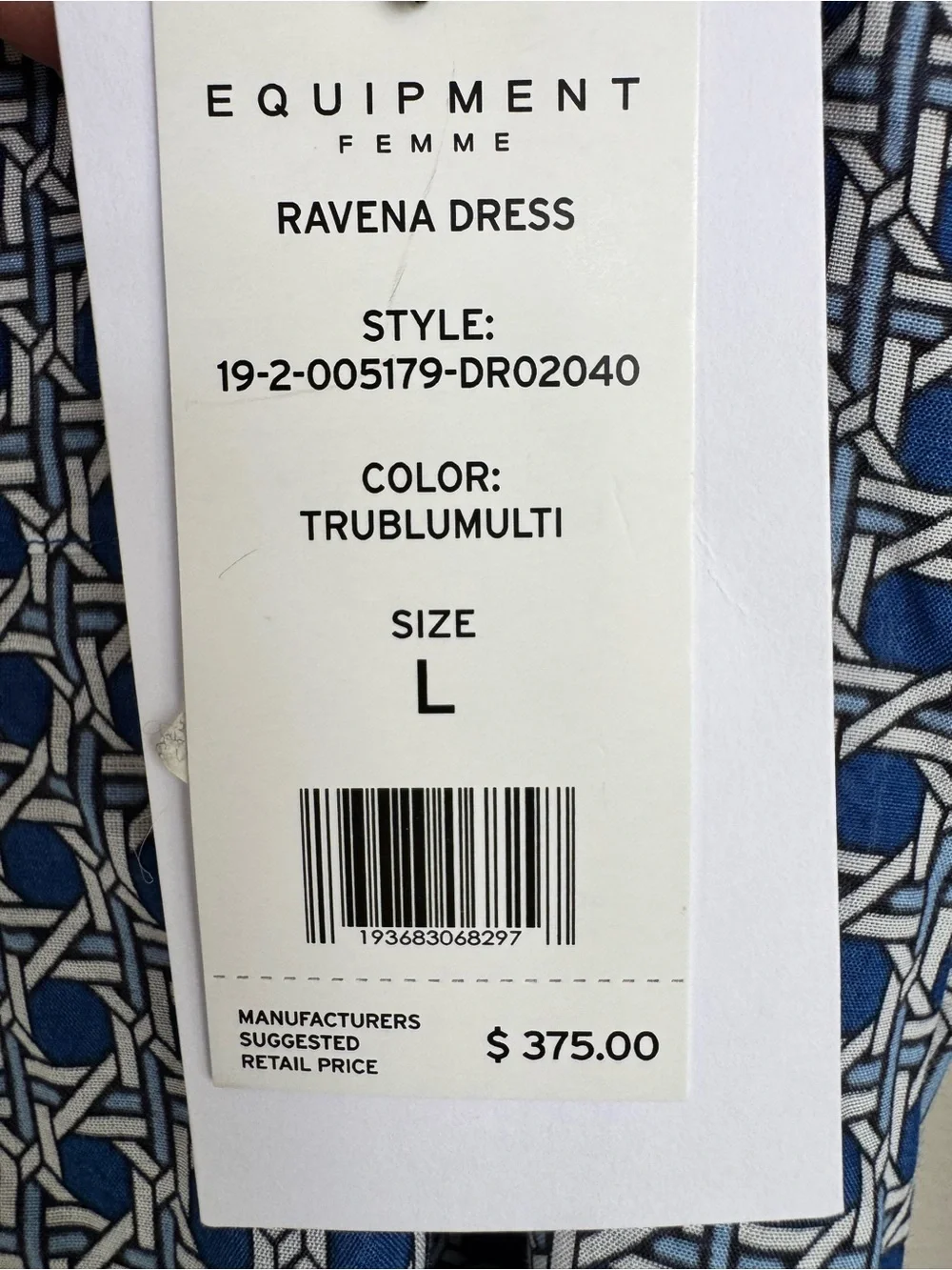 Equipment Femme Ravena Dress Blue Geometric Print Belted Shirt Dress L NWT